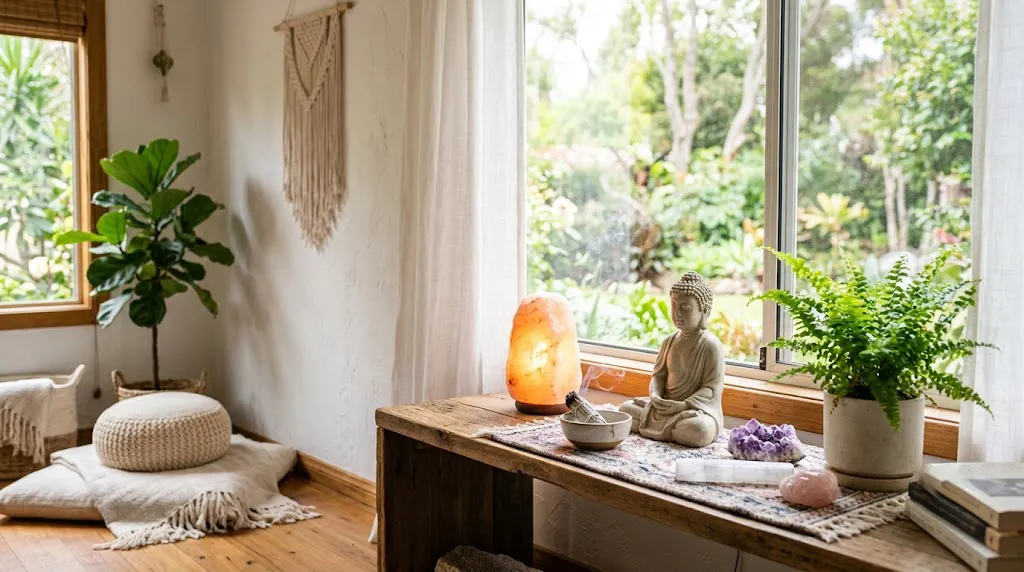 Peaceful home corner with candle and plants — Dr S Pujah's tips to boost your home's energy.