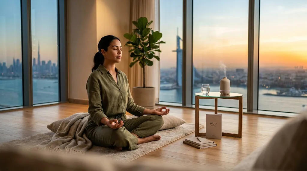 Calm, centred person — Dr S Pujah on Bio-7 wellness for stress relief in Dubai.