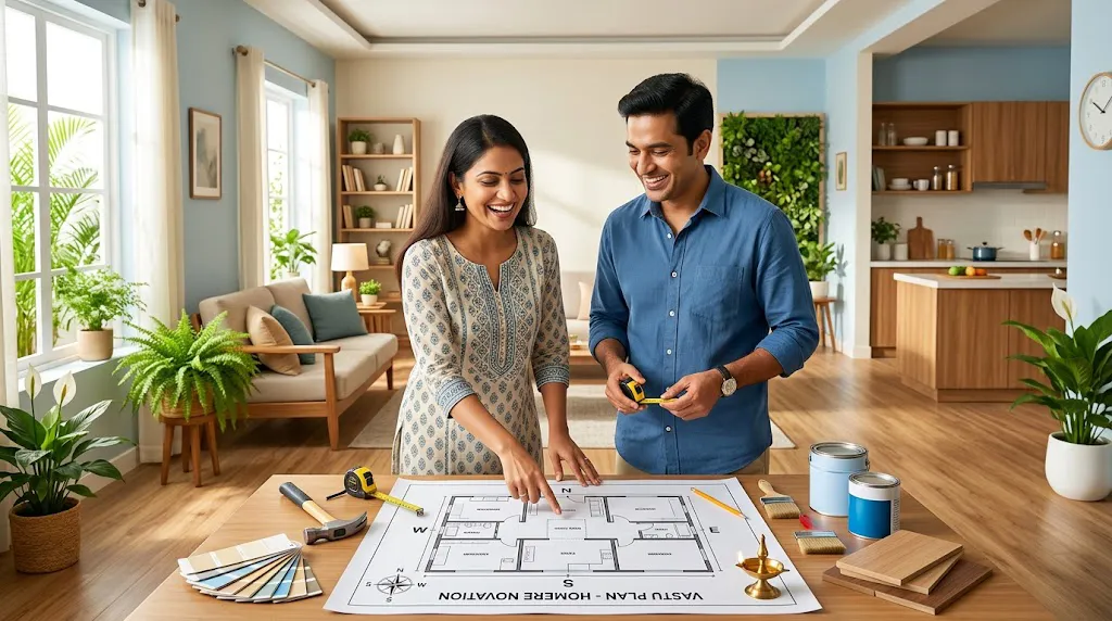 Home renovation plans on a table — Dr S Pujah's Vastu guide to a balanced redesign.