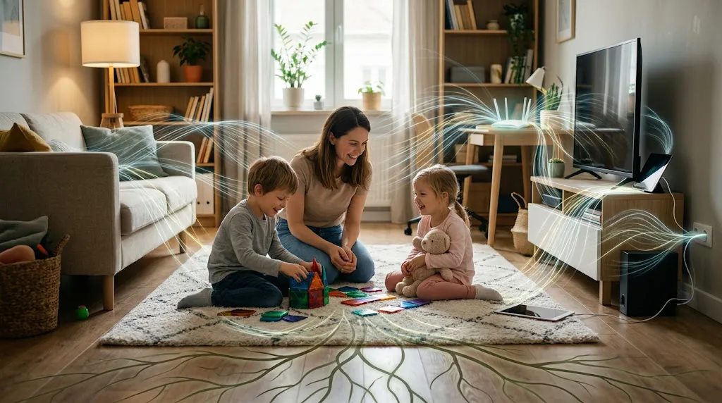 Calm child's bedroom with devices switched off — Dr S Pujah's EMF safety tips for parents.