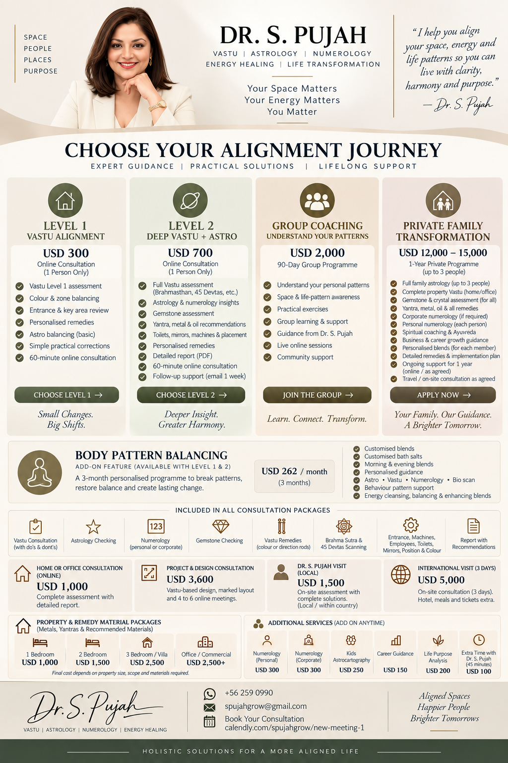 Dr S Pujah Vastu, astrology, numerology and energy healing service menu with consultation tiers and pricing