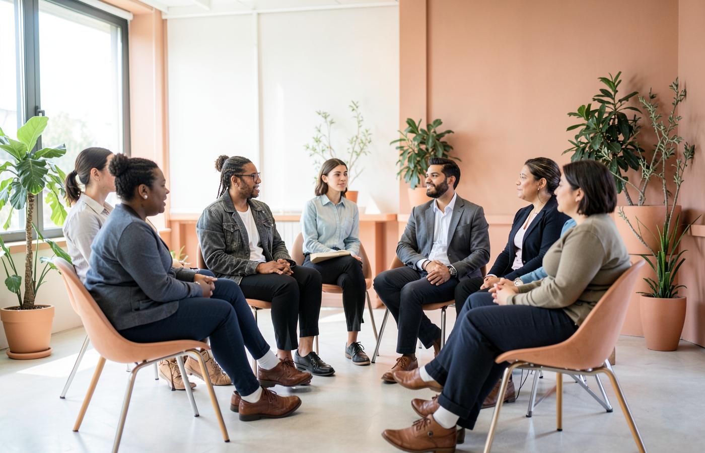 Corporate team healing session Corporate team wellbeing session with Dr S Pujah — colleagues in a calm group reset in a bright office