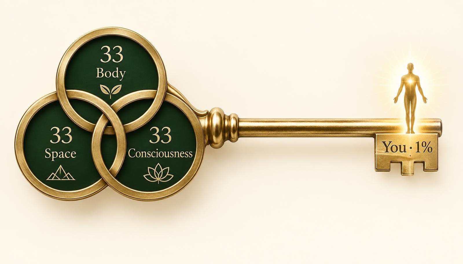 A gold key with three rings for 33 Body, 33 Space and 33 Consciousness, and a gold figure for You · 1%