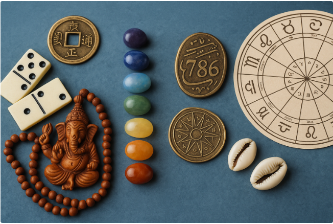 Cultural interpretations of numerology represented through global artifacts, sacred symbols, and mystical patterns from different traditions.